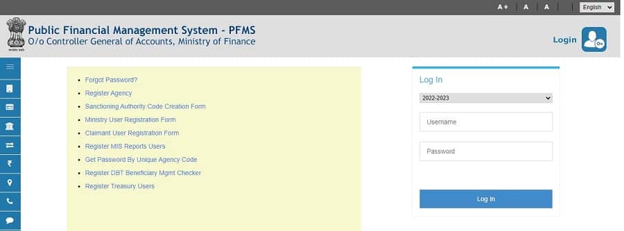 PFMS Scholarship login page