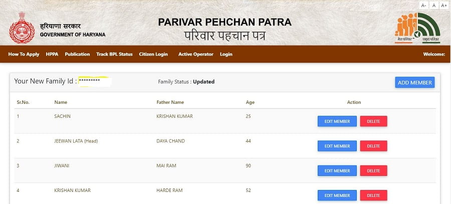 Haryana ppp family id