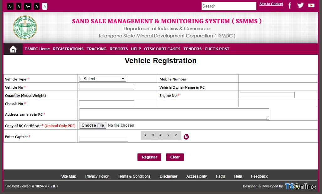 SSMMS Telangana Sand Booking vehicle registration